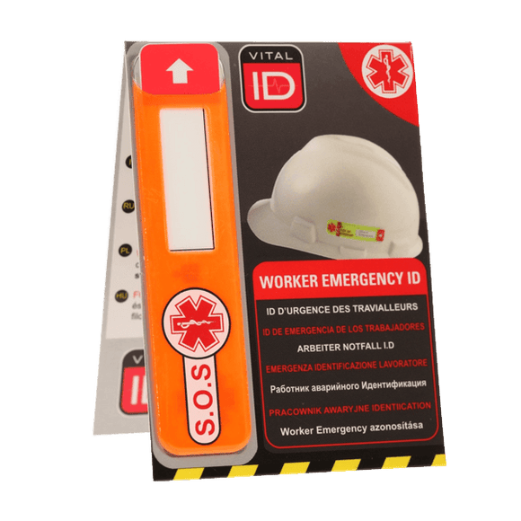 Hard Hat ICE ID Tag with Data Window: Multi-Lingual (per Pack of 100 | $3.75 ea.)